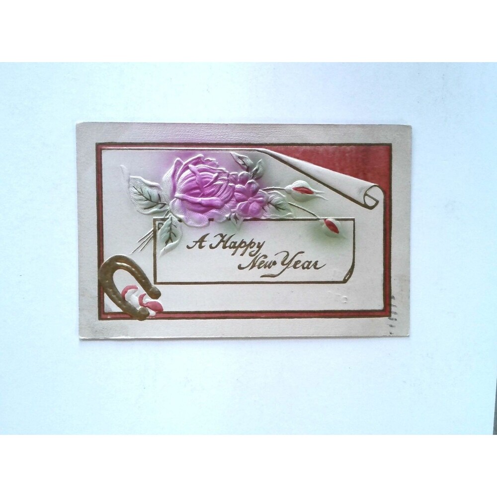 1912 Embossed Happy New Year Postcard Roses Horseshoe North Baltimore Ohio